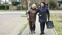 Carer supporting woman with her shopping