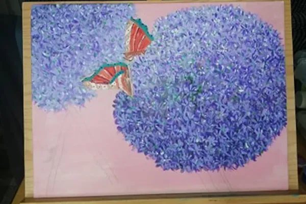 Painting of a purple flower with butterfly
