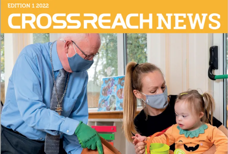 Cover of CrossReach News showing the Moderator  with a member of staff and young girl from Little Marvels