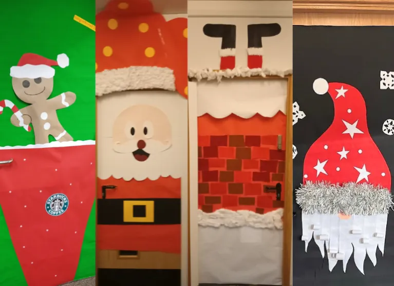 4 doors that have been decorated with Santa and gingerbread man